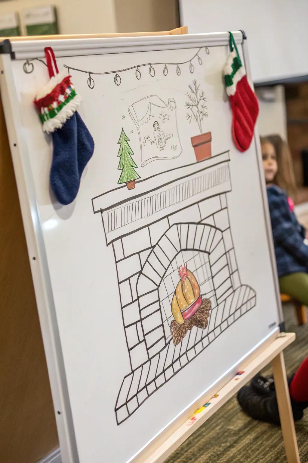 A cozy fireplace with stockings for a warm holiday feel.