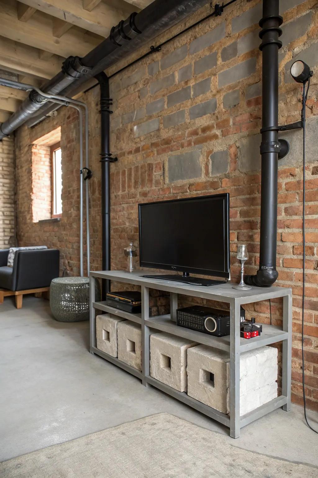 Industrial elegance shines through this cinder block and metal accented TV stand.