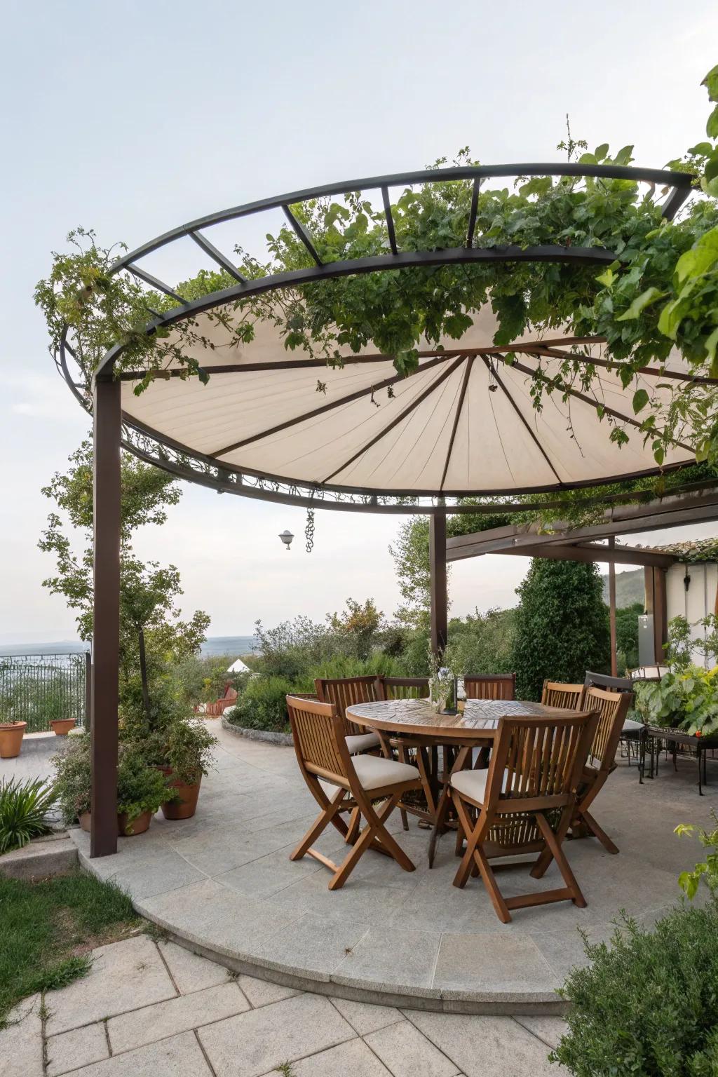 A pergola with a retractable canopy provides flexible shade options.