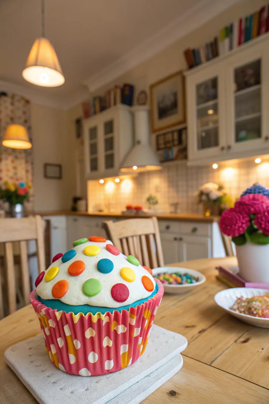 A whimsical polka dot clay cupcake, full of playful charm.