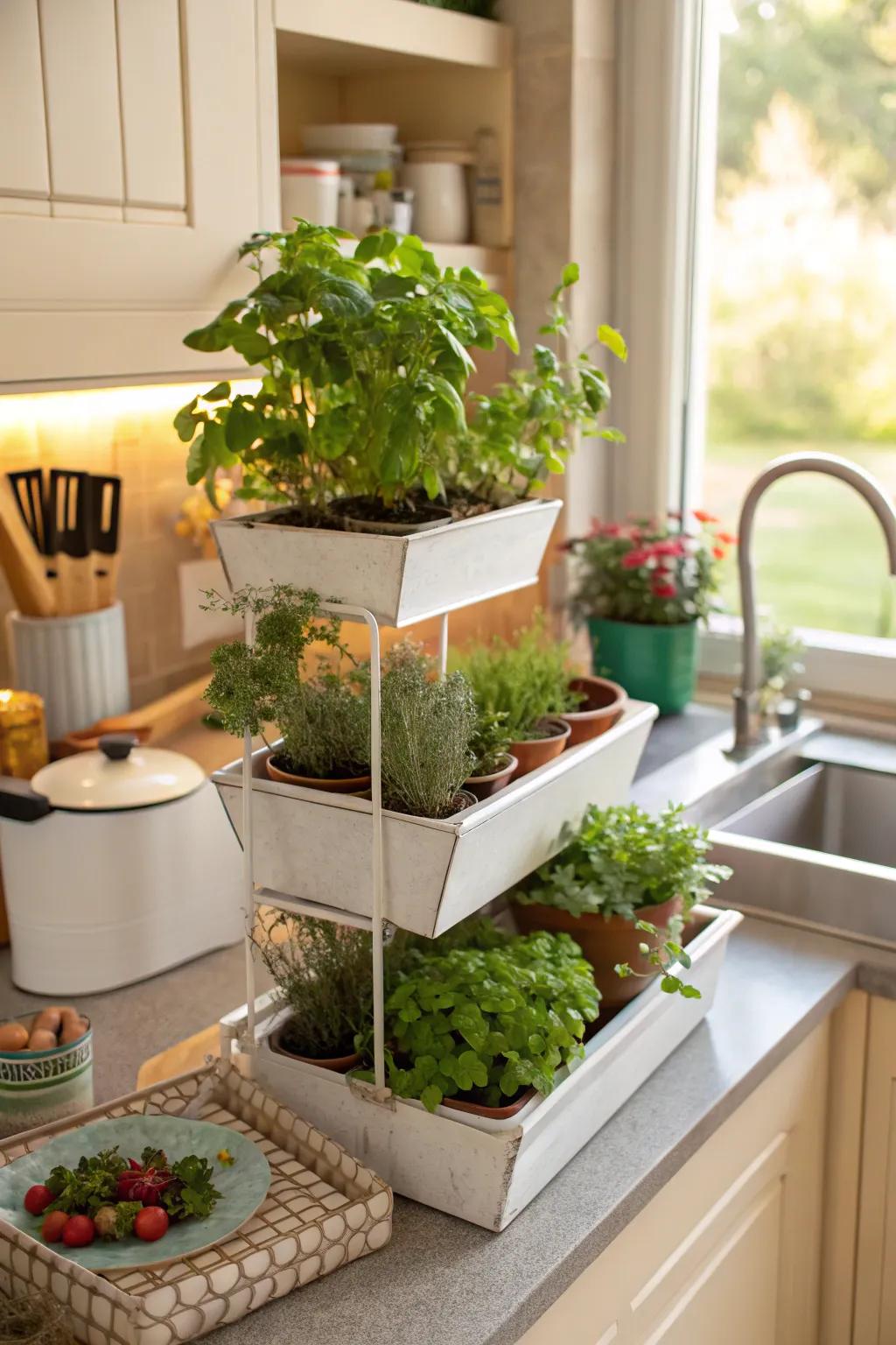 Tiered planters maximize vertical space elegantly.