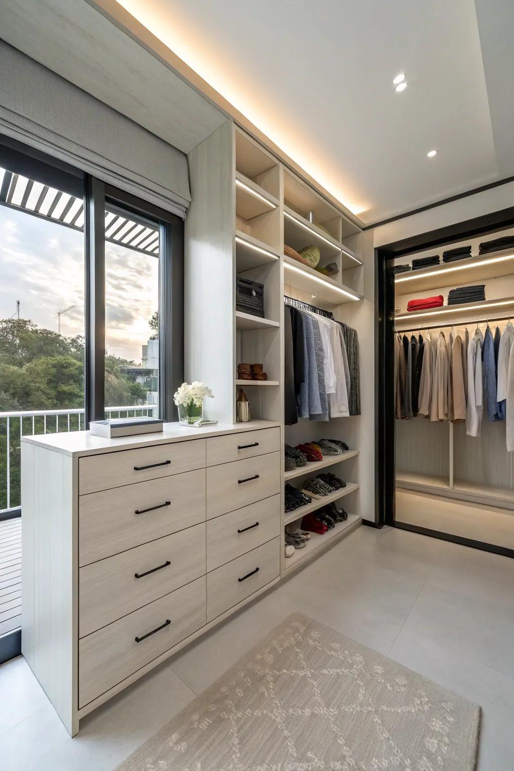 A modern closet featuring a floating dresser for a sleek look.