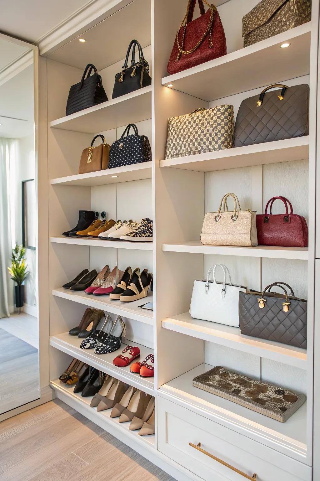 A closet featuring open shelving for easy access to shoes and handbags.