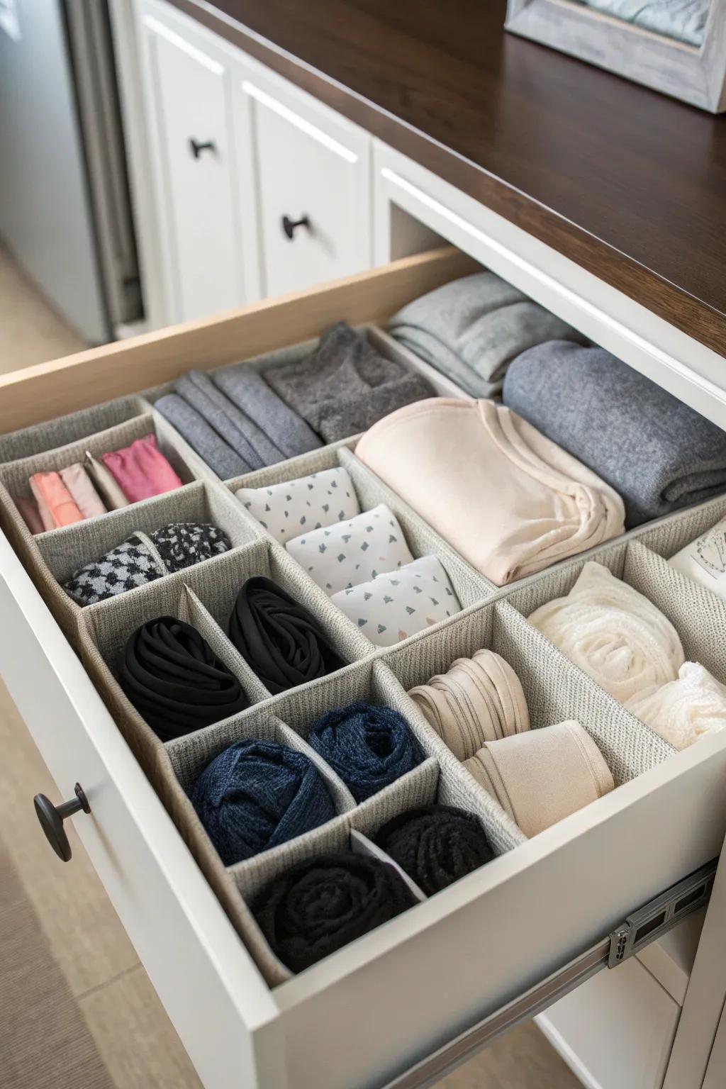 Drawer organizers keep small items tidy and accessible.