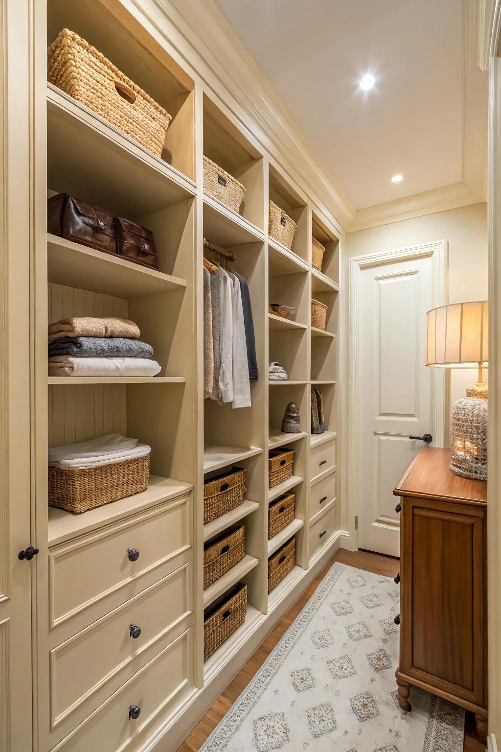 Cream tones create a warm and inviting closet ambiance.