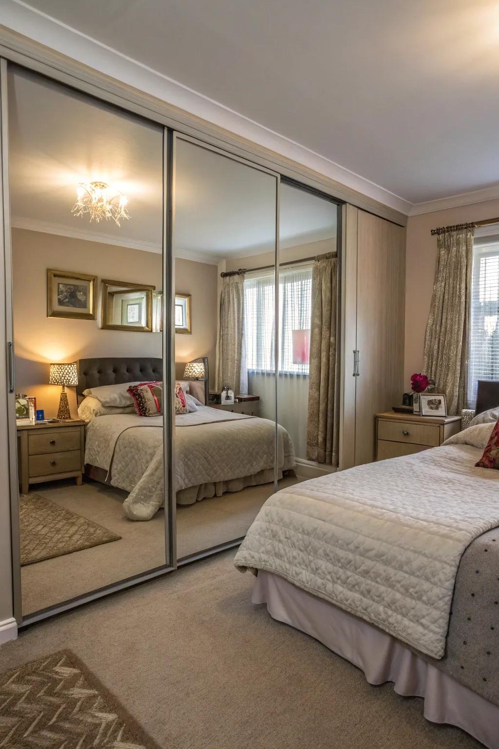 Mirrored doors enhance space and light, ideal for compact bedrooms.