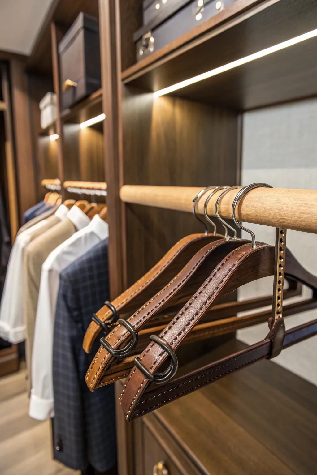 Leather straps and wood dowel create a sophisticated clothes hanger.