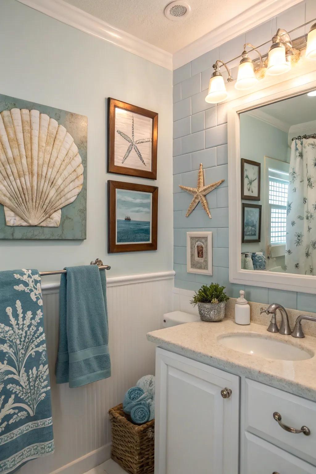 Coastal-themed artwork adds a personal and serene touch.