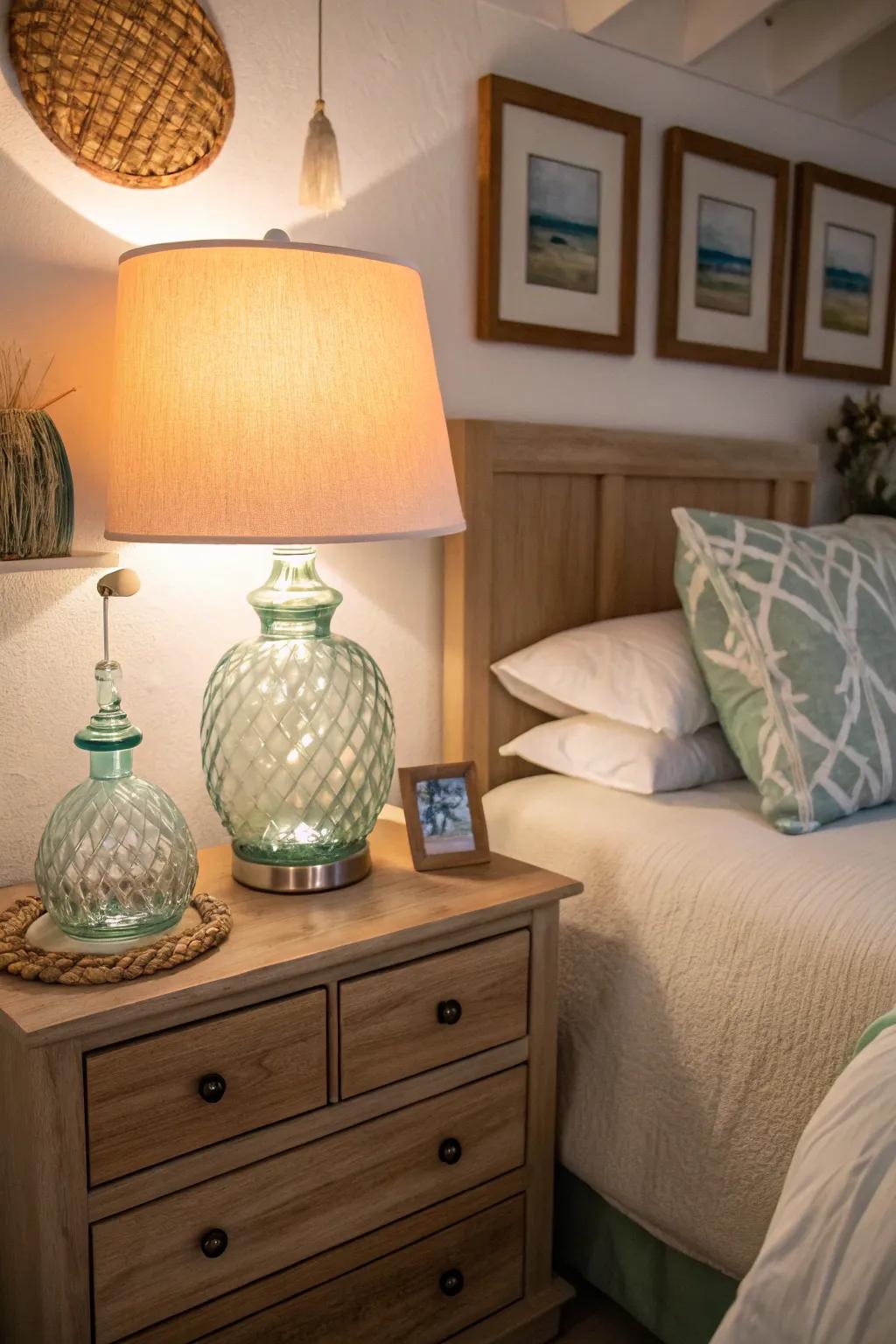 Seaglass table lamps add a calming coastal hue to your bedroom.