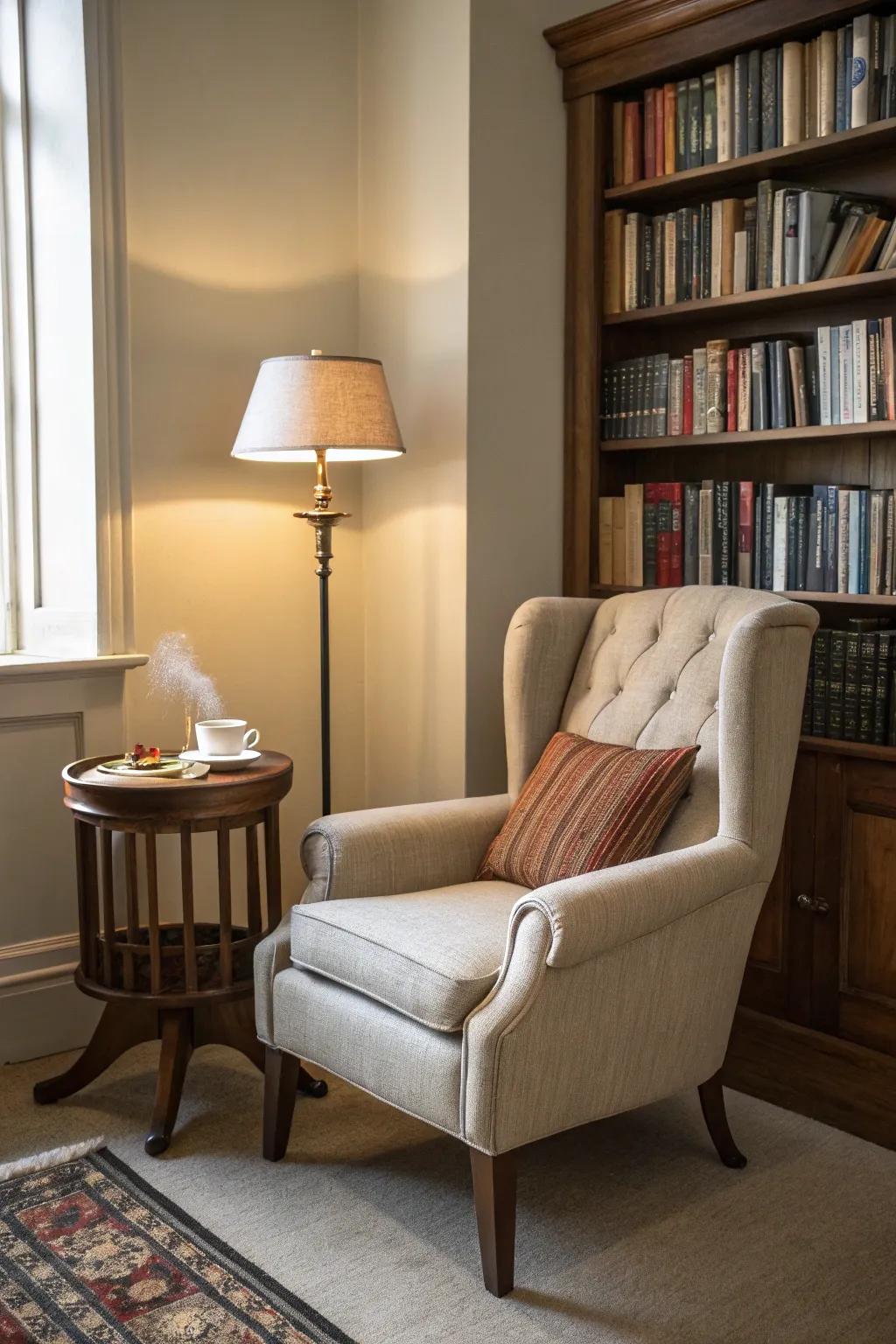 A serene coffee and book nook, ideal for moments of relaxation and reflection.