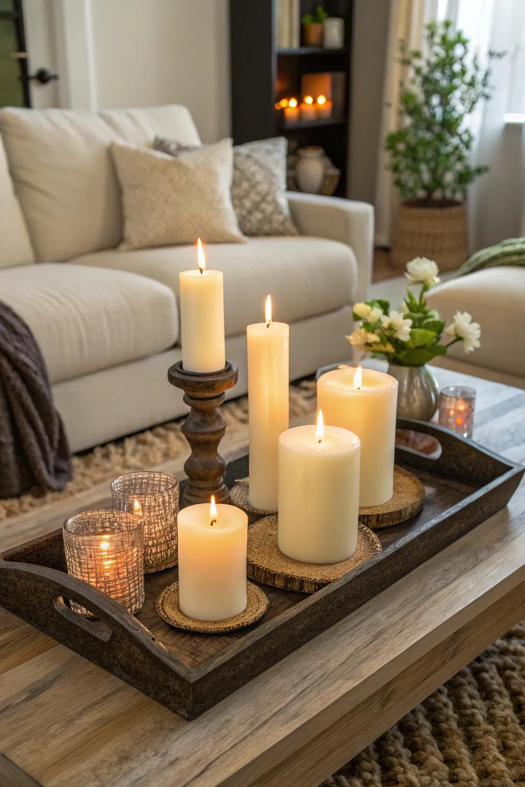 A cozy atmosphere with candles as the coffee table centerpiece.