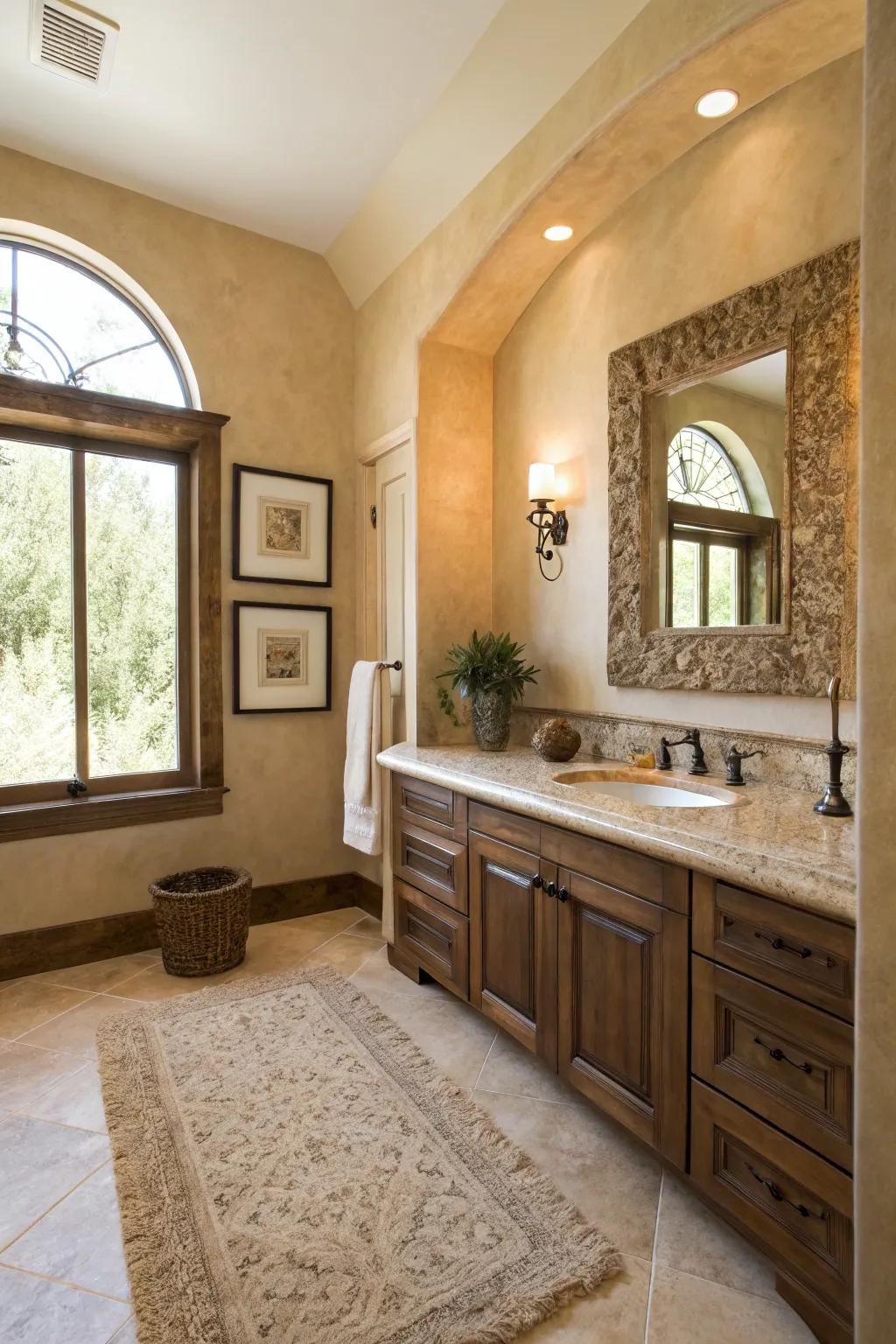 Warm beige tones create a cozy and inviting bathroom environment.