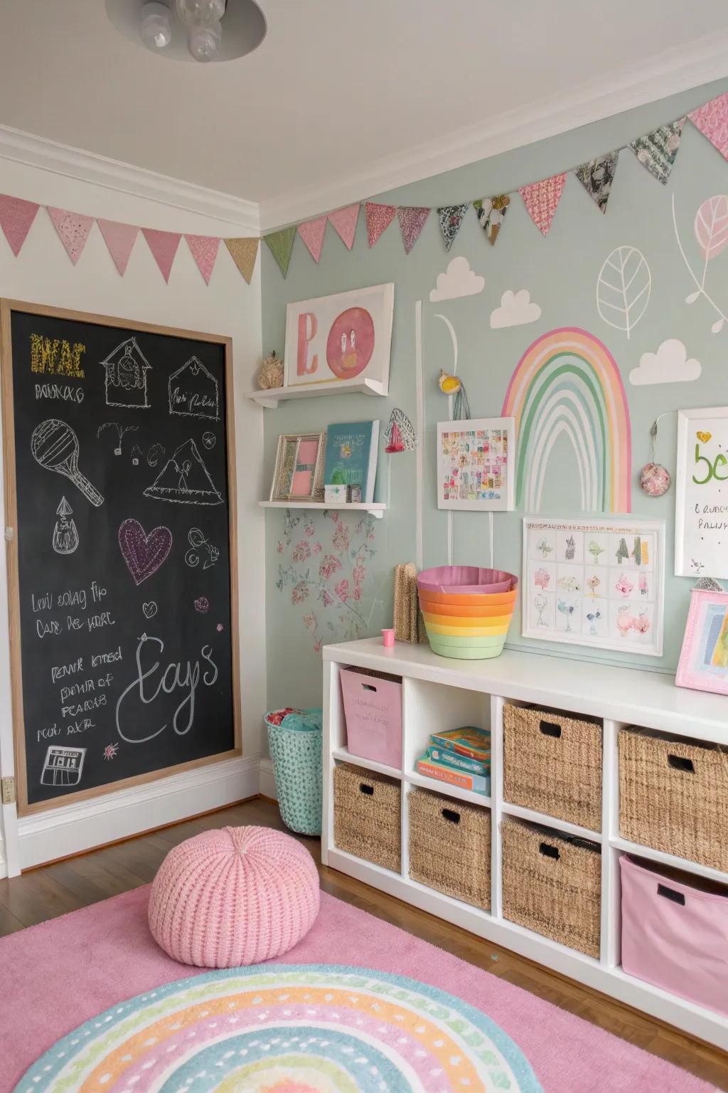 A chalkboard wall filled with colorful drawings adds an interactive element to a girls' room.