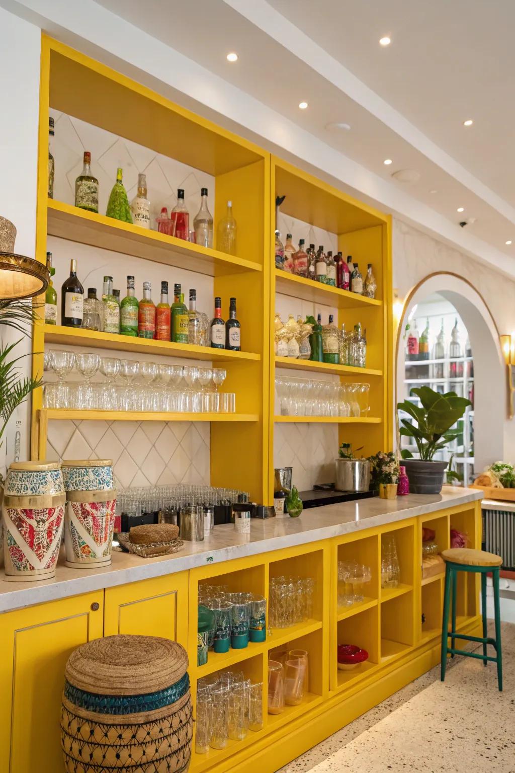 A salon bar with vibrant yellow shelves, combining function and style.