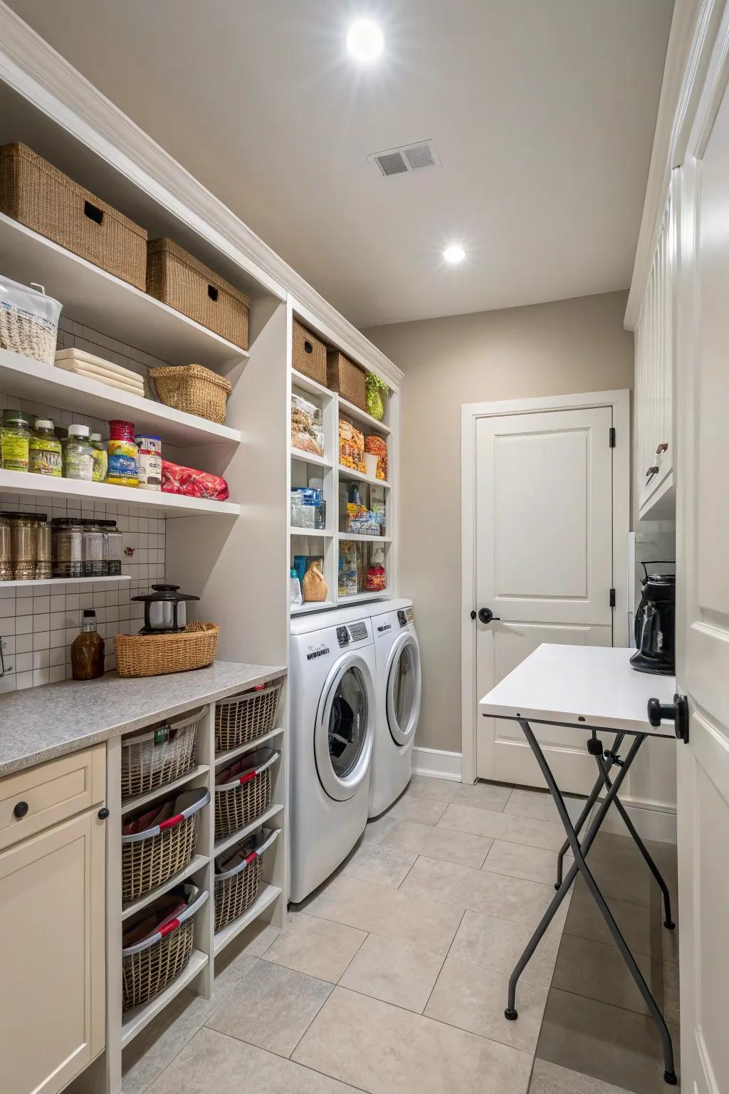 Thoughtful lighting enhances both pantry and laundry areas.