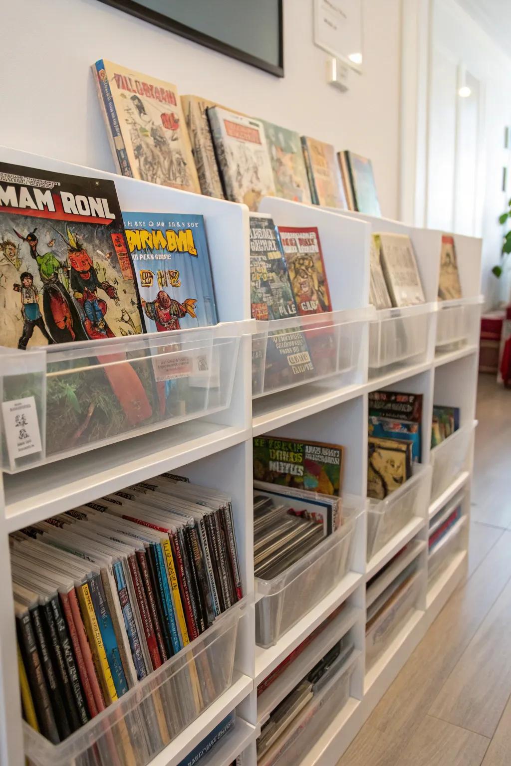 Bookshelves with clear dividers help organize comics efficiently.