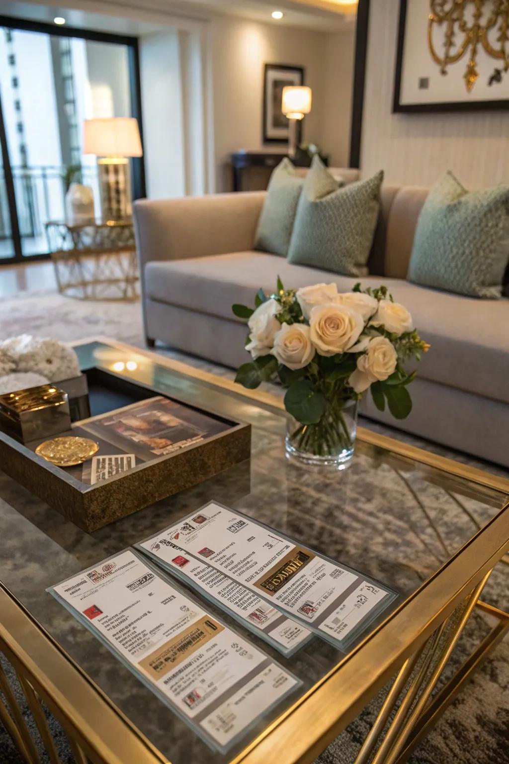 A coffee table with concert tickets displayed under glass.