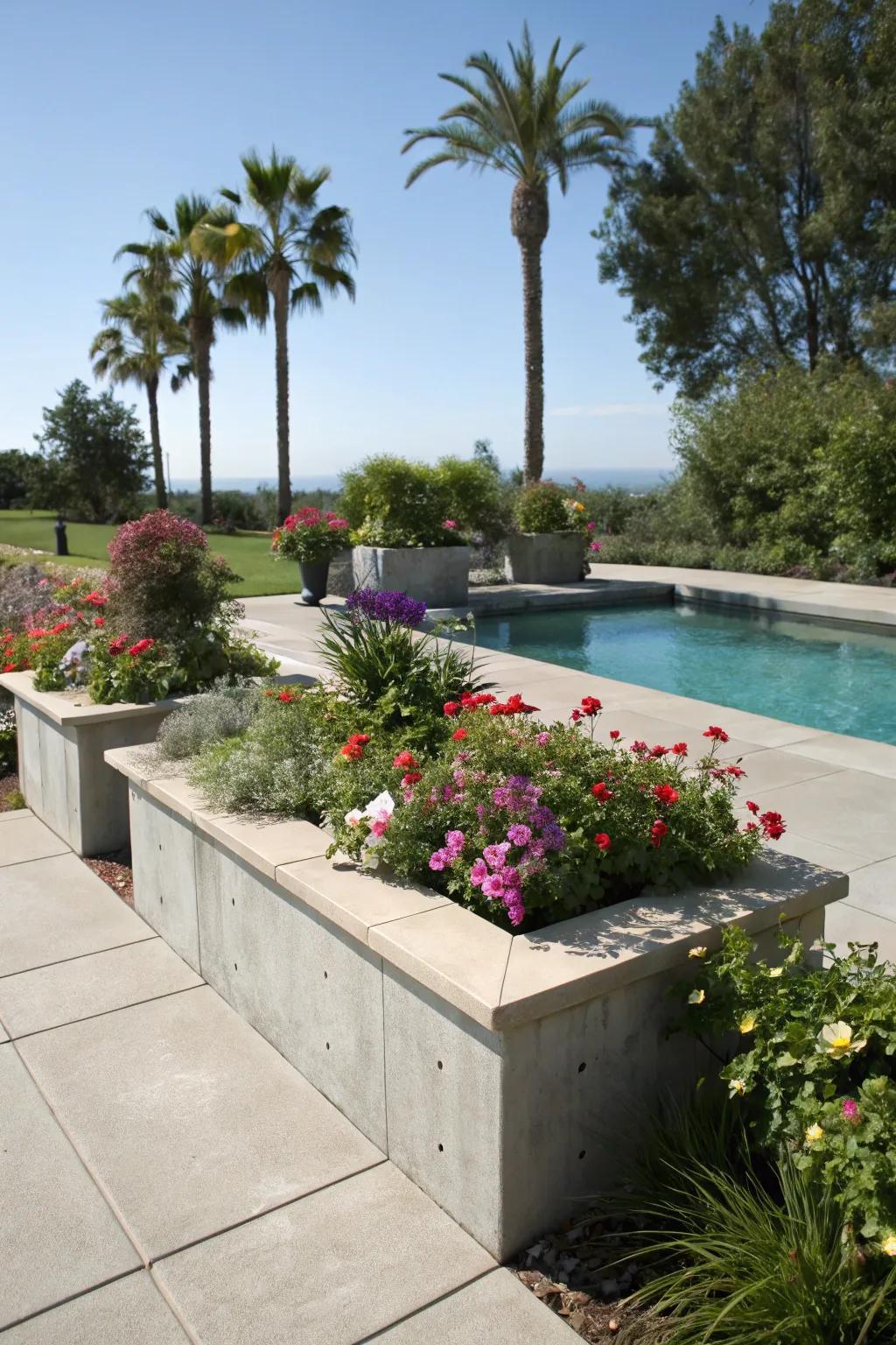 Built-in planters bring a touch of nature to your concrete pool deck.