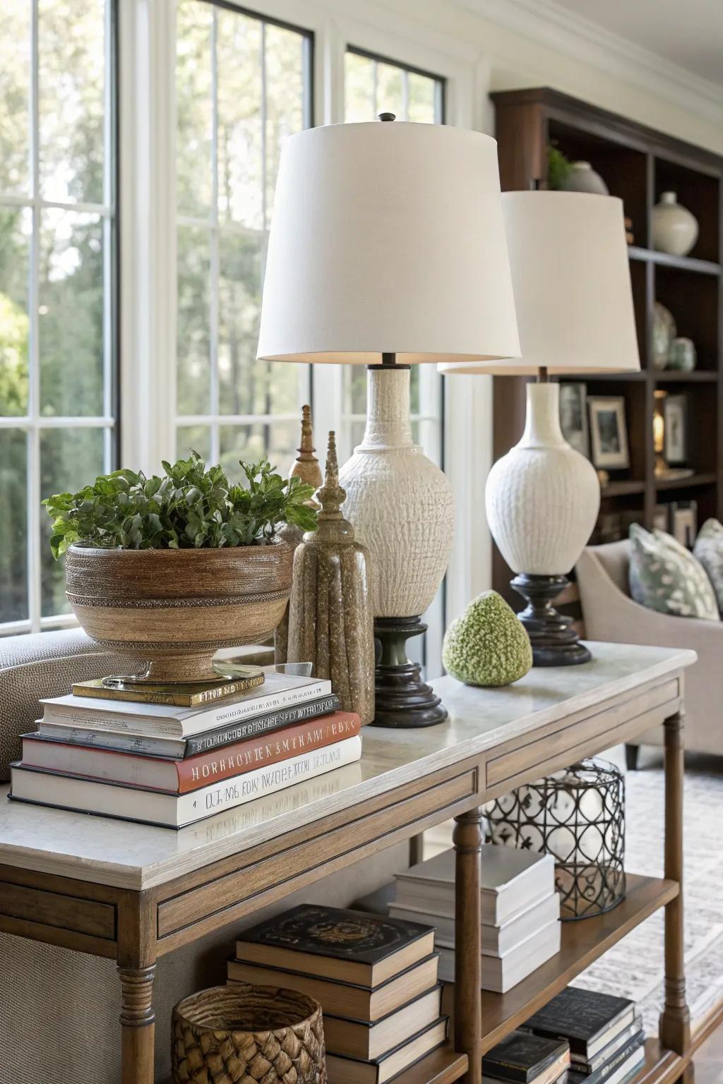 Books serve as both decor and functional elements on this console table.