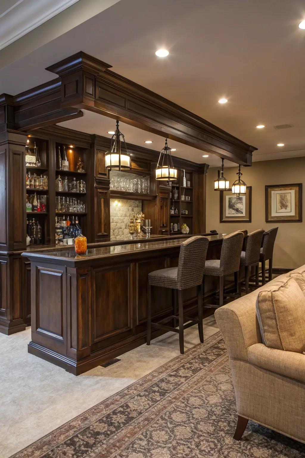 A dramatic home bar with dark stained wood for a cozy ambiance.