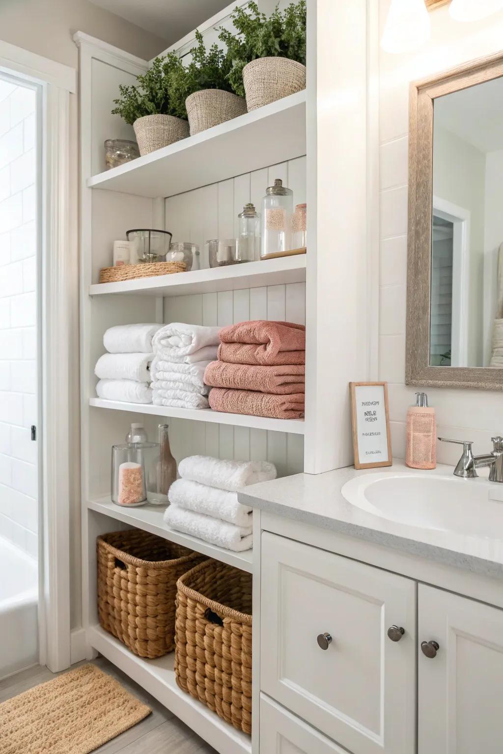 Open shelving adds storage and a personal touch to the bathroom.