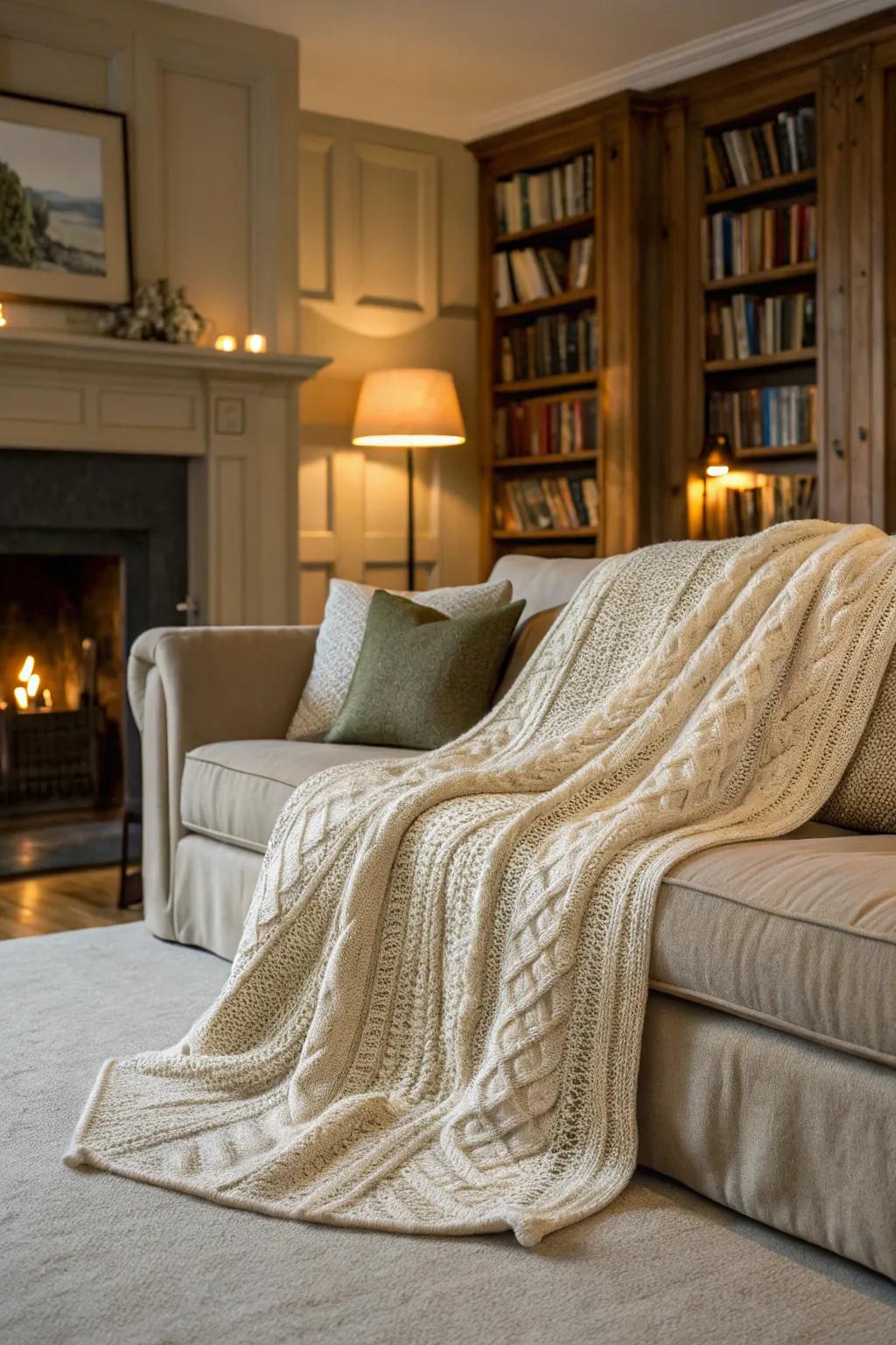 A cozy knitted blanket draped over a plush sofa in a warm living room.