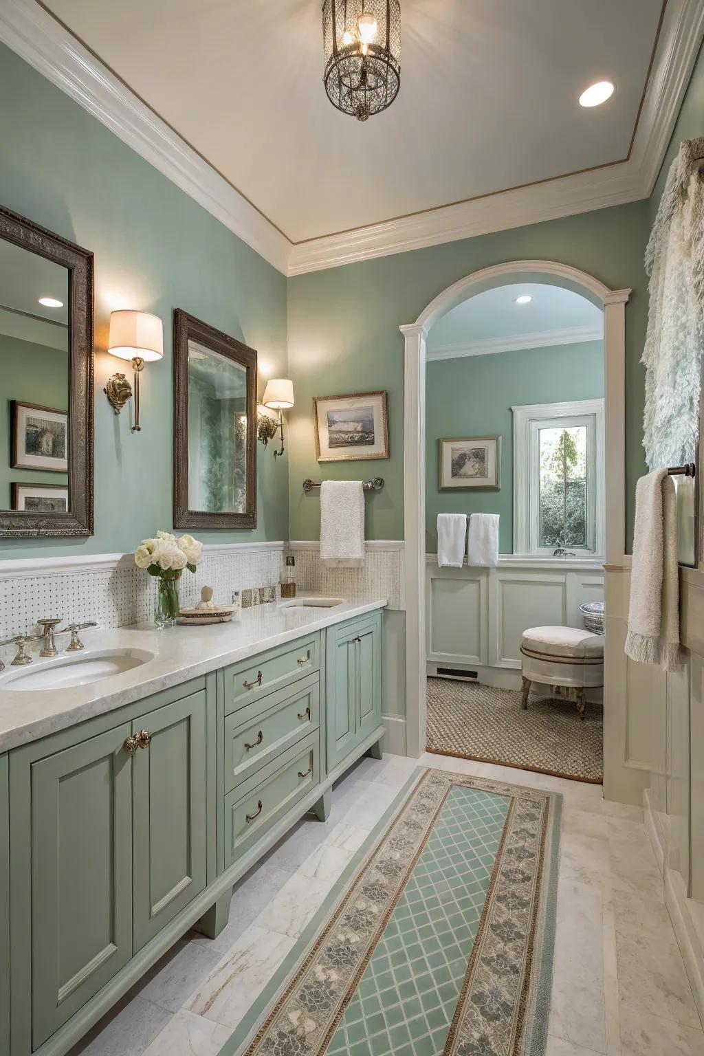 A bathroom retreat in calming sage green and blue hues.