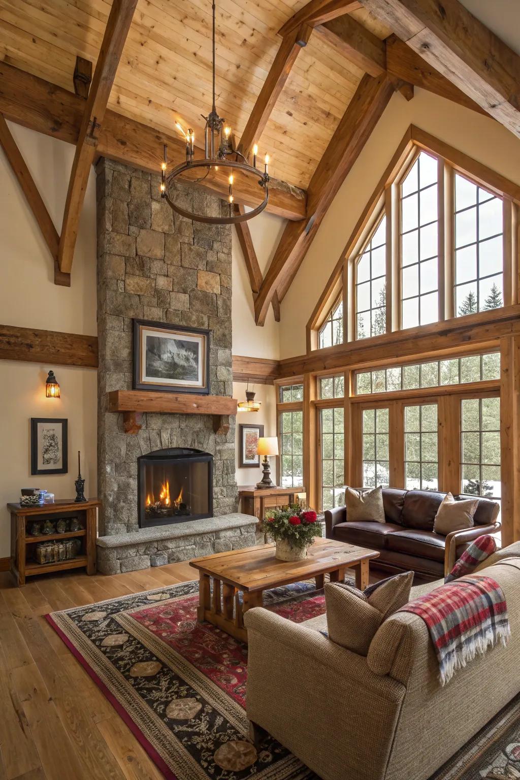 Vaulted ceilings with exposed beams enhance the rustic charm.