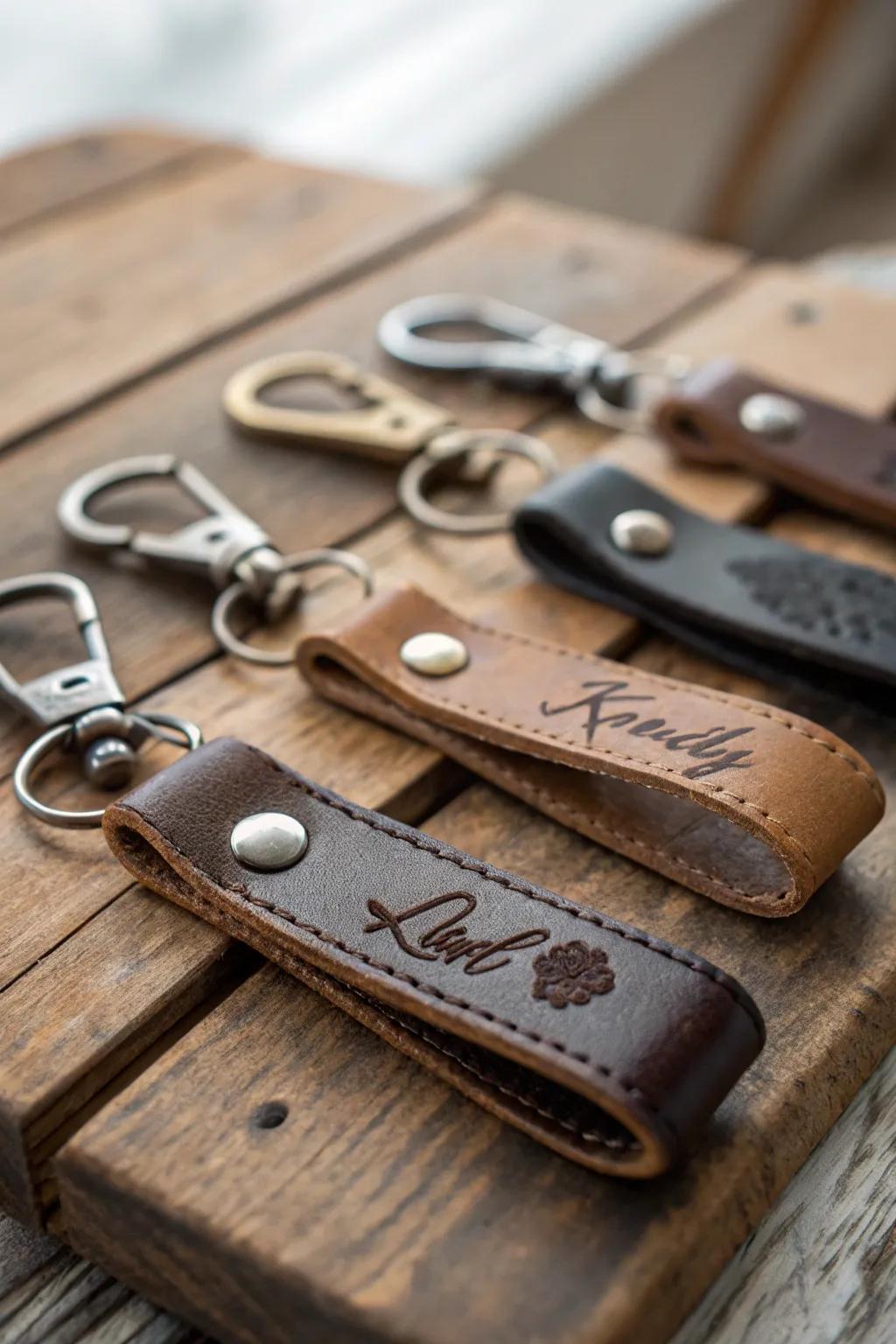 Classic and timeless: leather stamped keychains for couples.