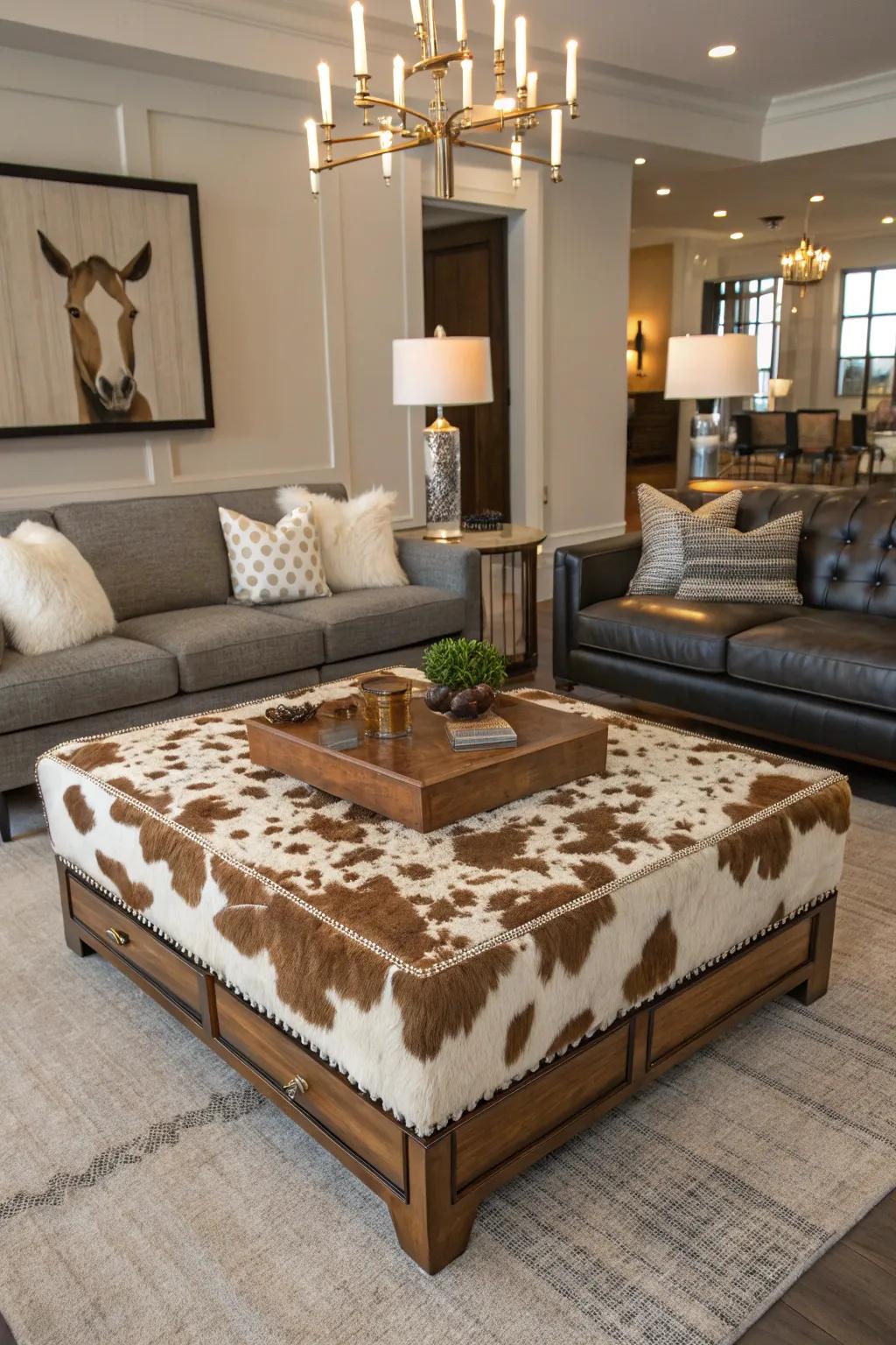 A cowhide-upholstered coffee table makes a bold statement.