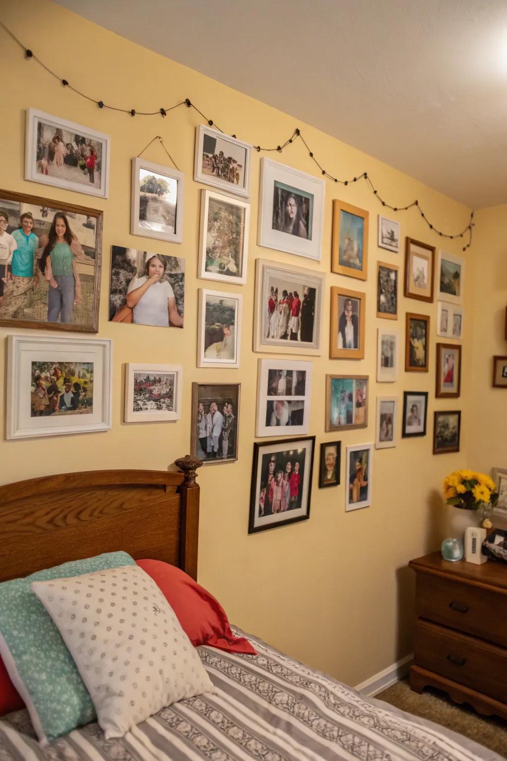 A gallery wall of personal photos adds warmth and personality.