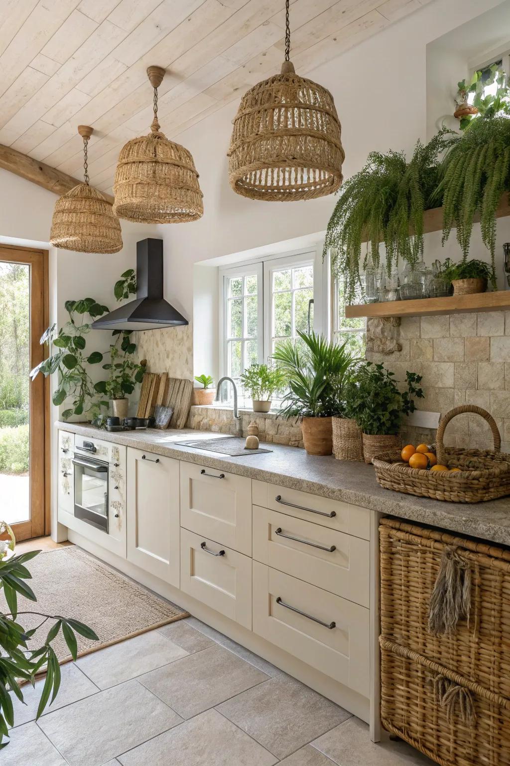 Natural materials like rattan and stone add an earthy touch to your kitchen.