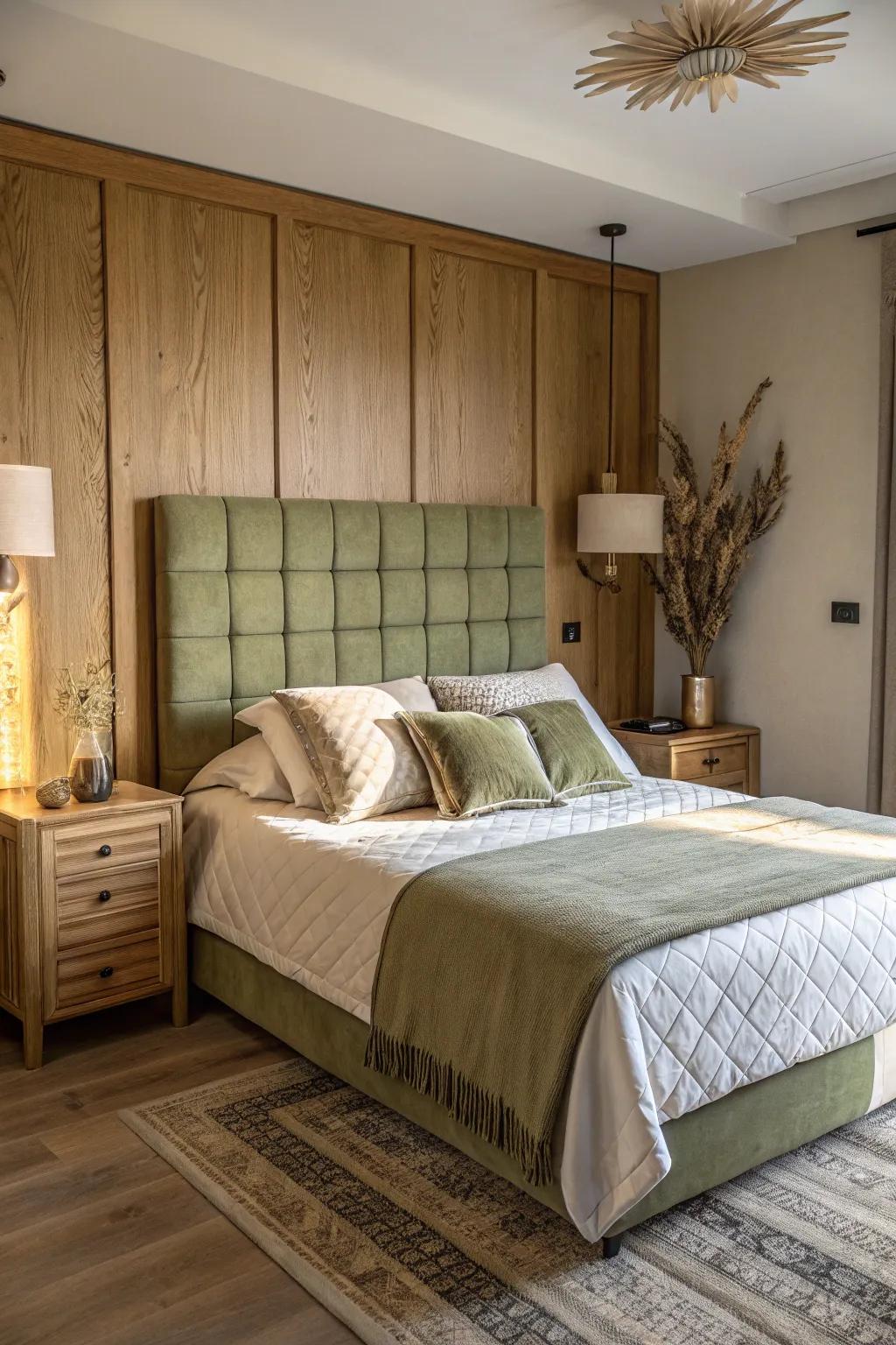 A bold olive green headboard becomes the focal point of this cozy bedroom.