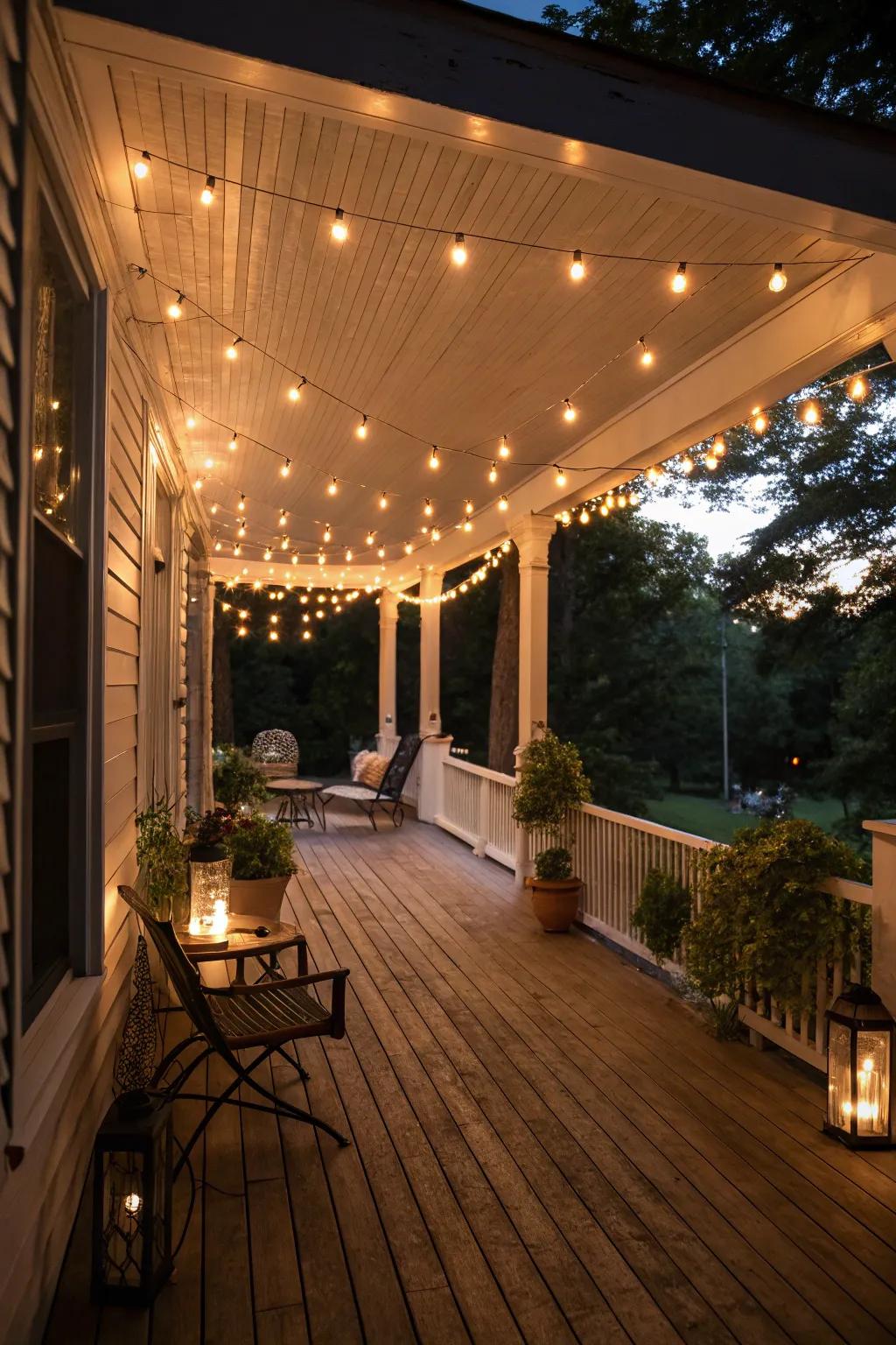 Soft lighting enhances the welcoming atmosphere of a porch.