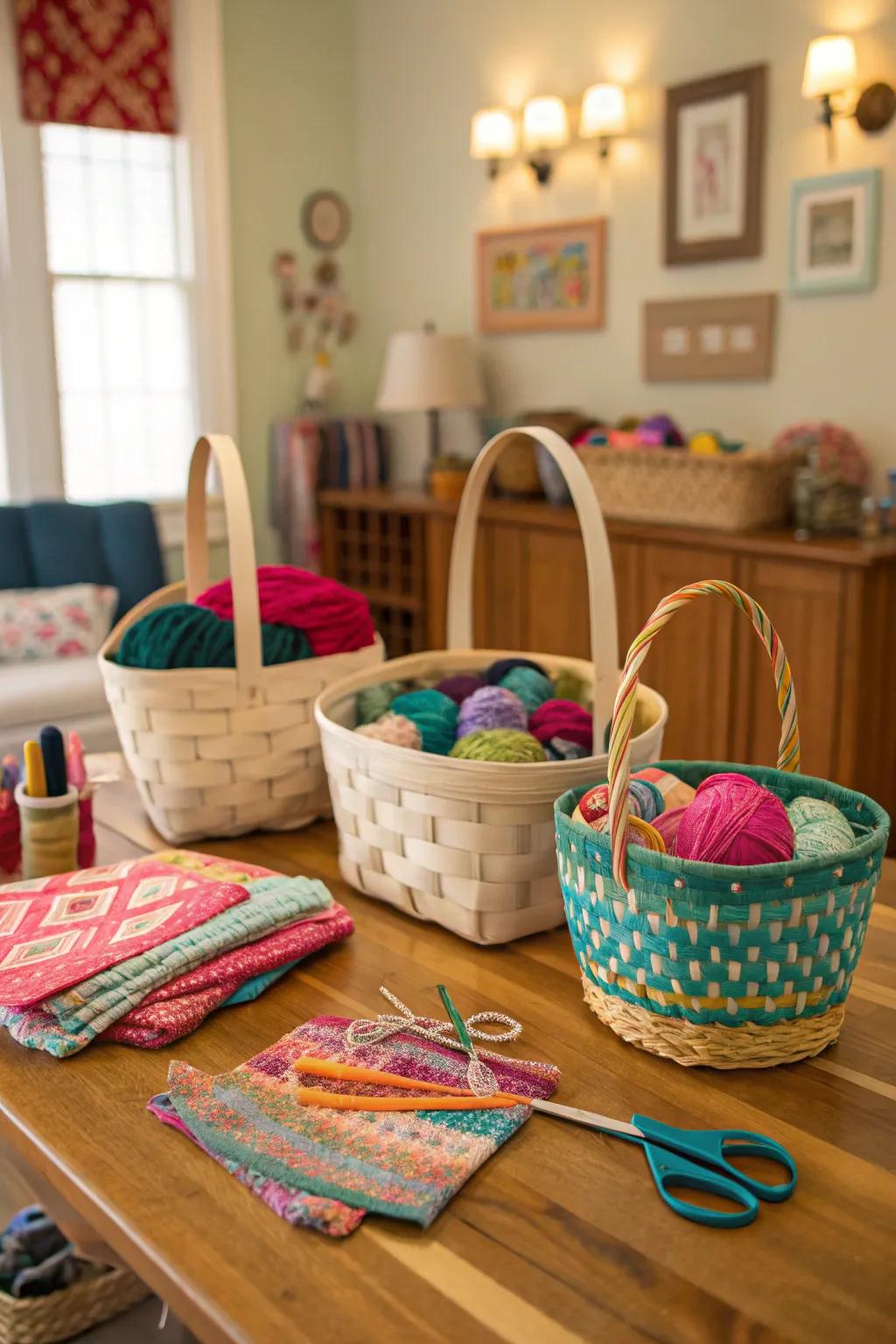 Thrift store baskets for stylish and budget-friendly storage.