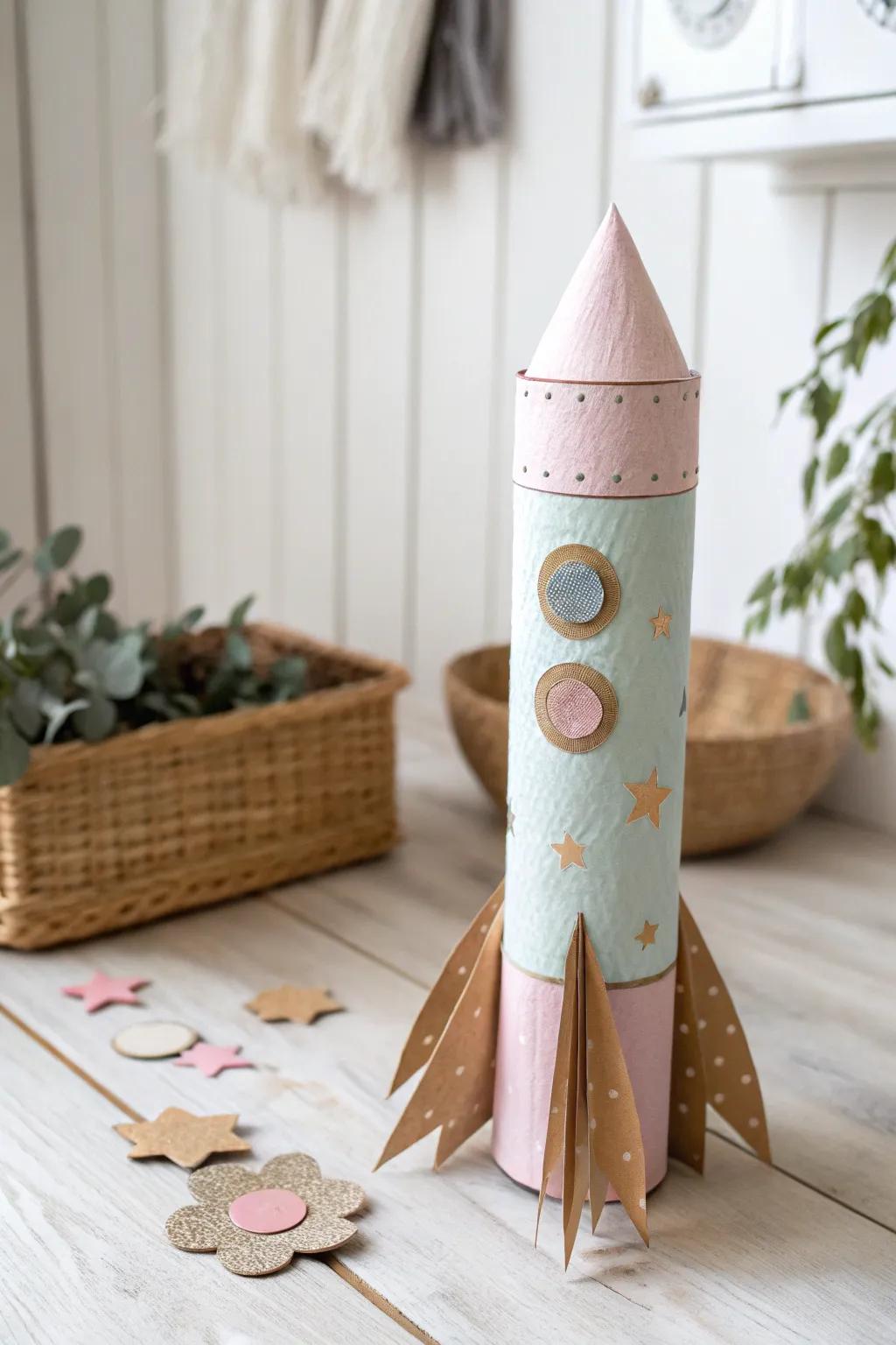 Transform everyday waste into whimsical wonders with this charming cardboard tube rocket!