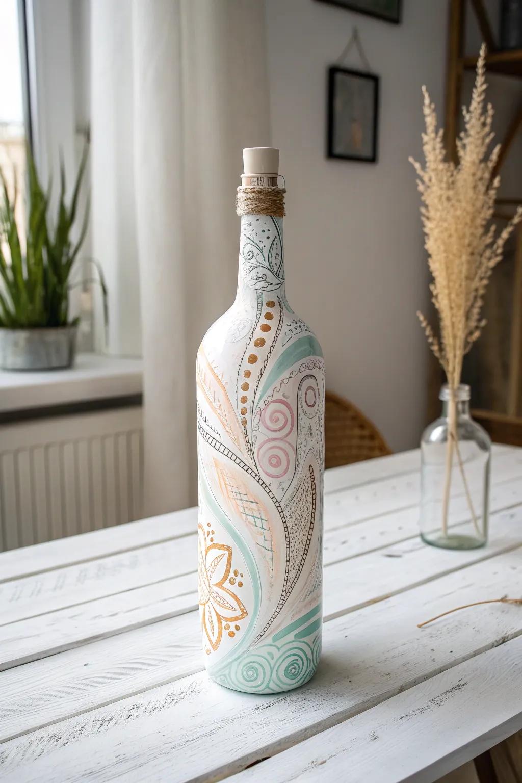 Transform simple glass bottles into stunning art pieces with a touch of creativity and color. #ArtisticPaintedBottles #ScandiBohoStyle