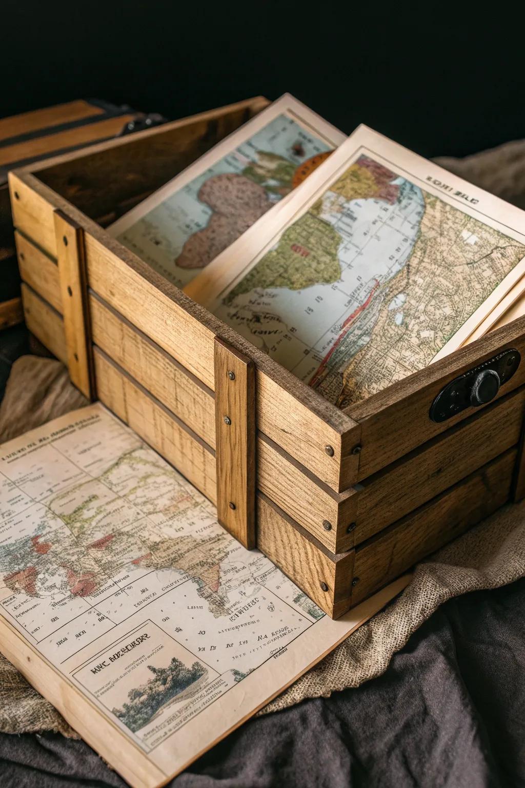 Transform your space with decoupage: A vintage map-covered crate that channels wanderlust and style.