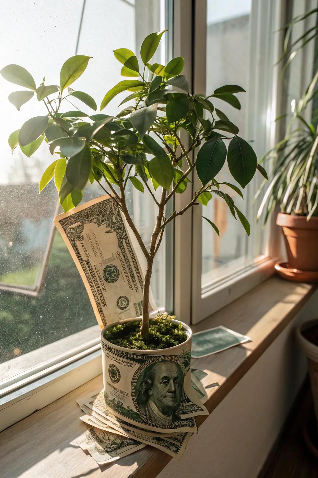 A small plant with bills attached, creating a money tree.