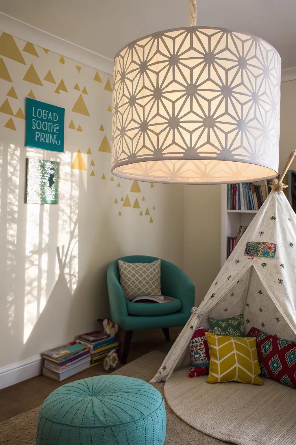 A lamp shade featuring geometric stencil patterns in a modern child's room.