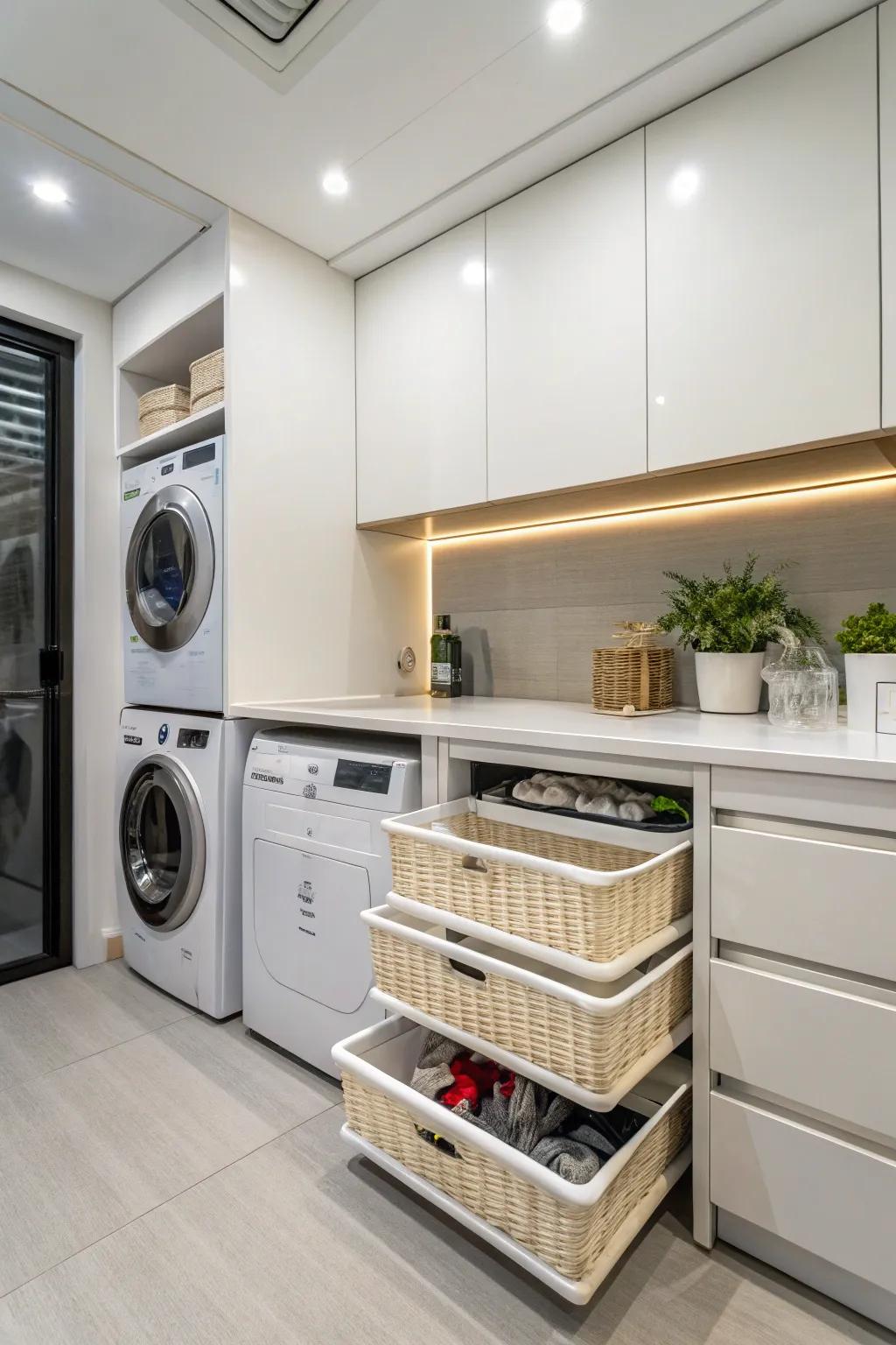 Pull-out drawers provide clever, hidden storage for laundry.