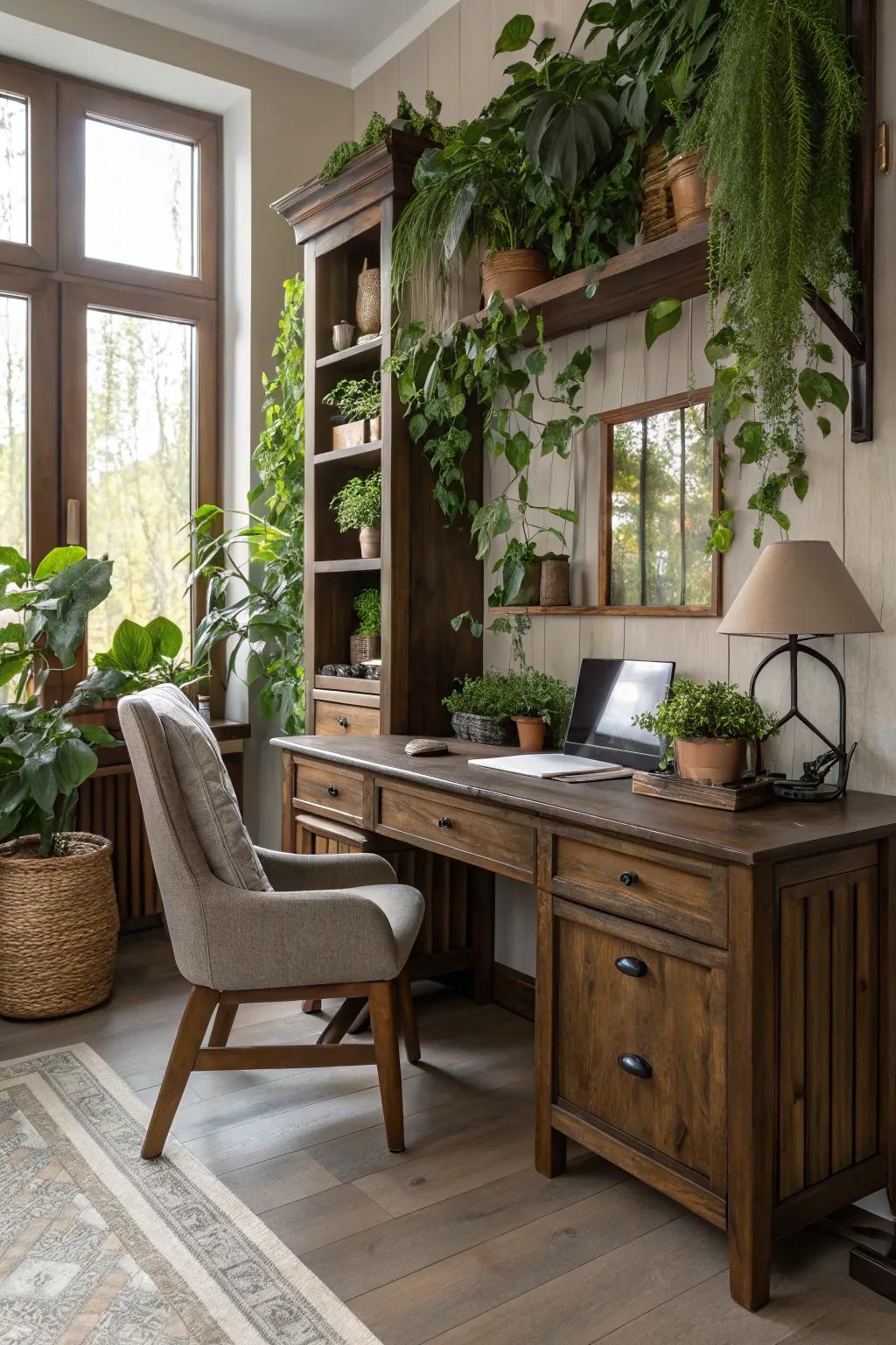 Natural elements like wood and plants create a calming office atmosphere.