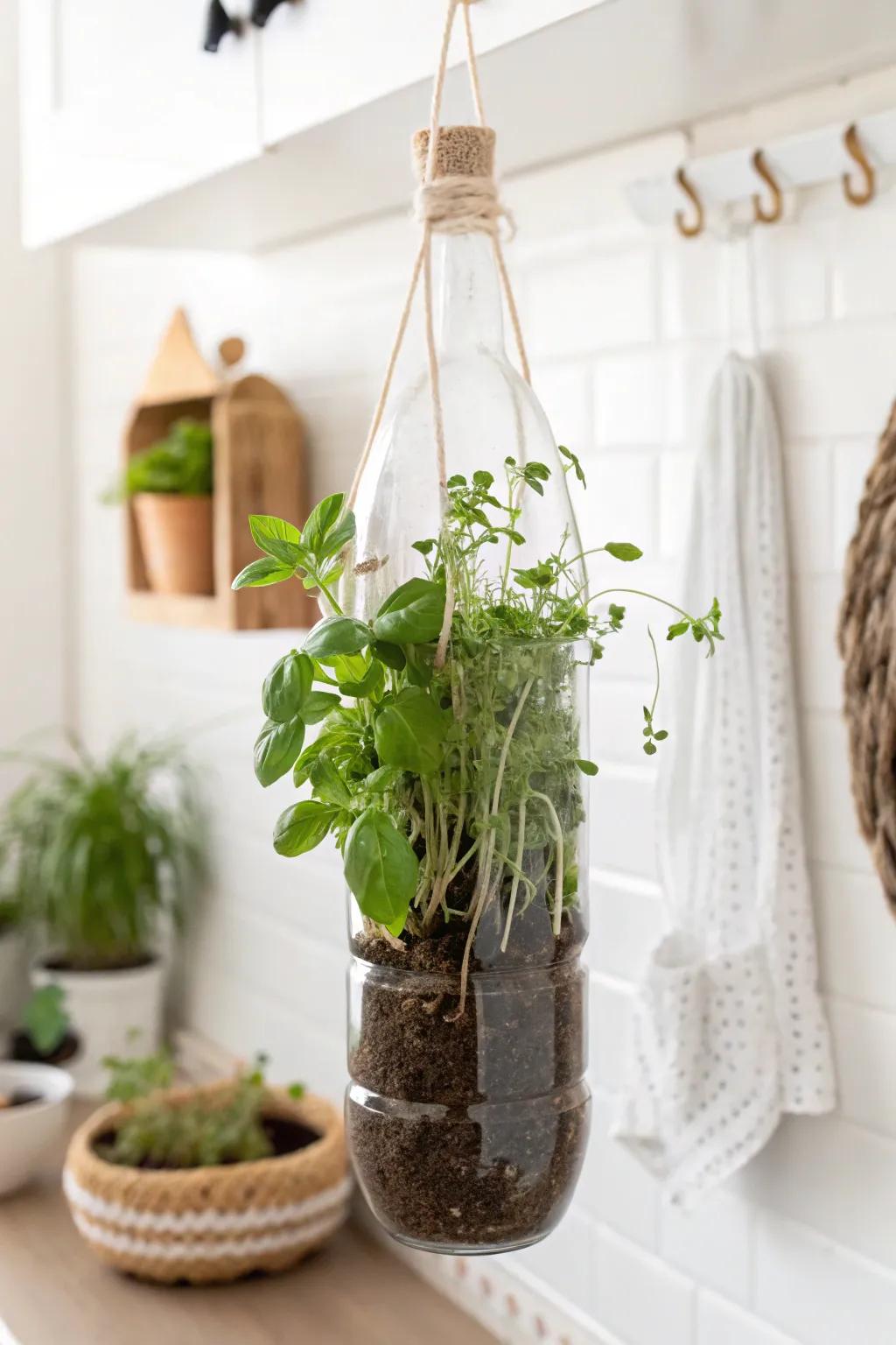 Transform and uplift your space with this chic plastic bottle herb garden—sustainability meets style!
