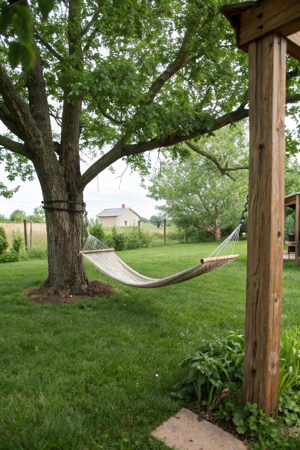 A creative solution using a tree and post to enjoy hammock relaxation in your backyard.