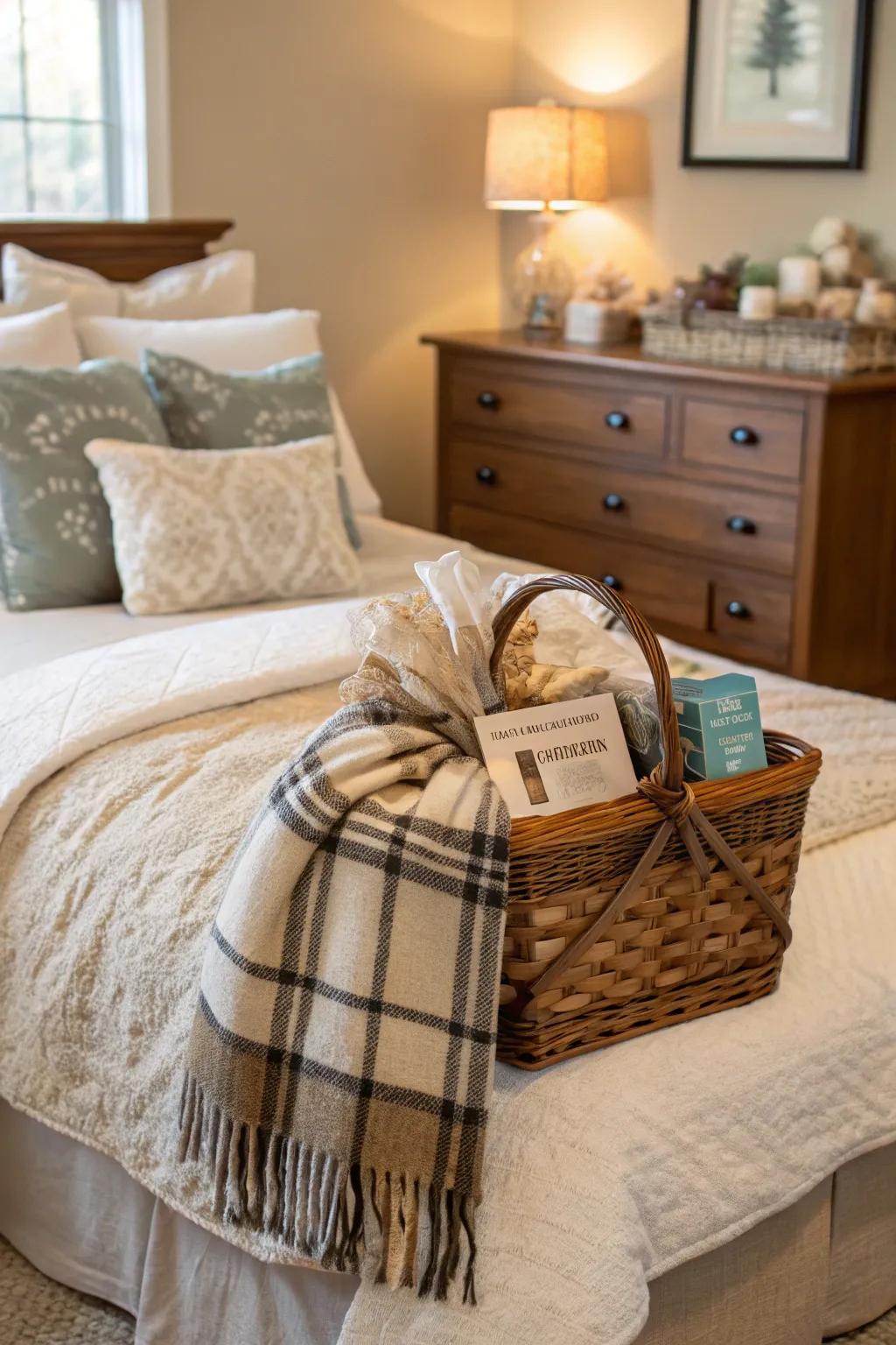 A cozy gift basket wrapped with a blanket scarf.