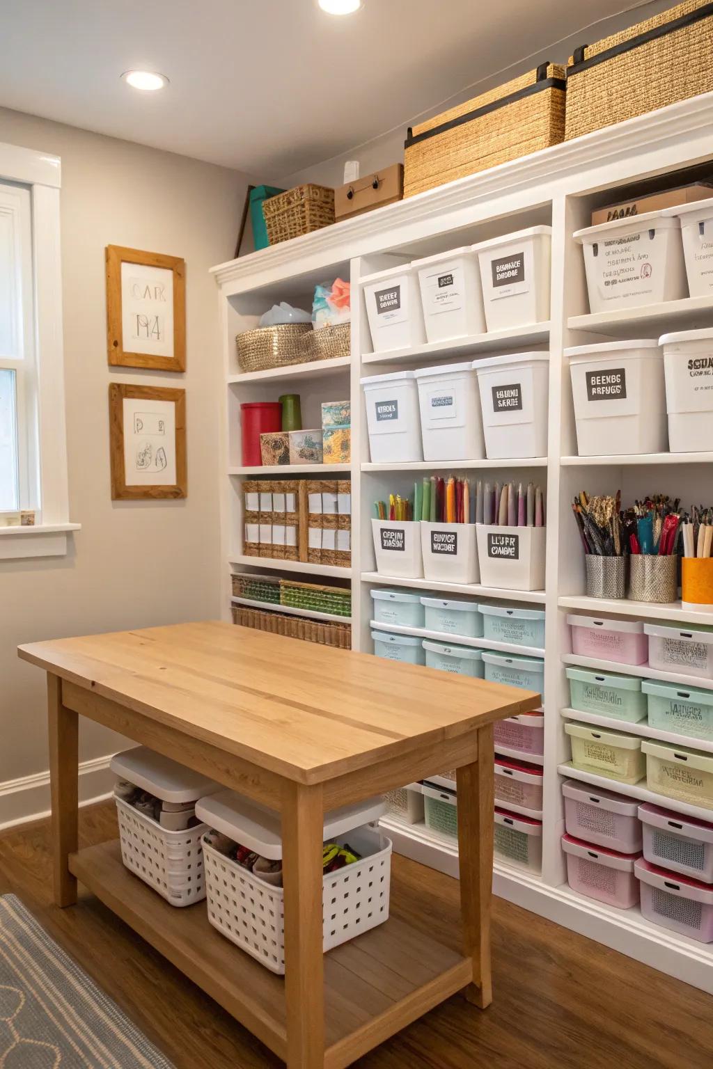 Labeled storage bins make finding supplies quick and effortless.