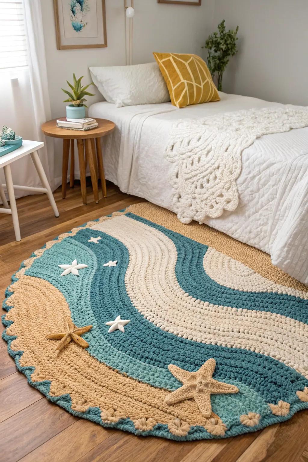 A beach-themed crochet rug with coastal colors in a bedroom.