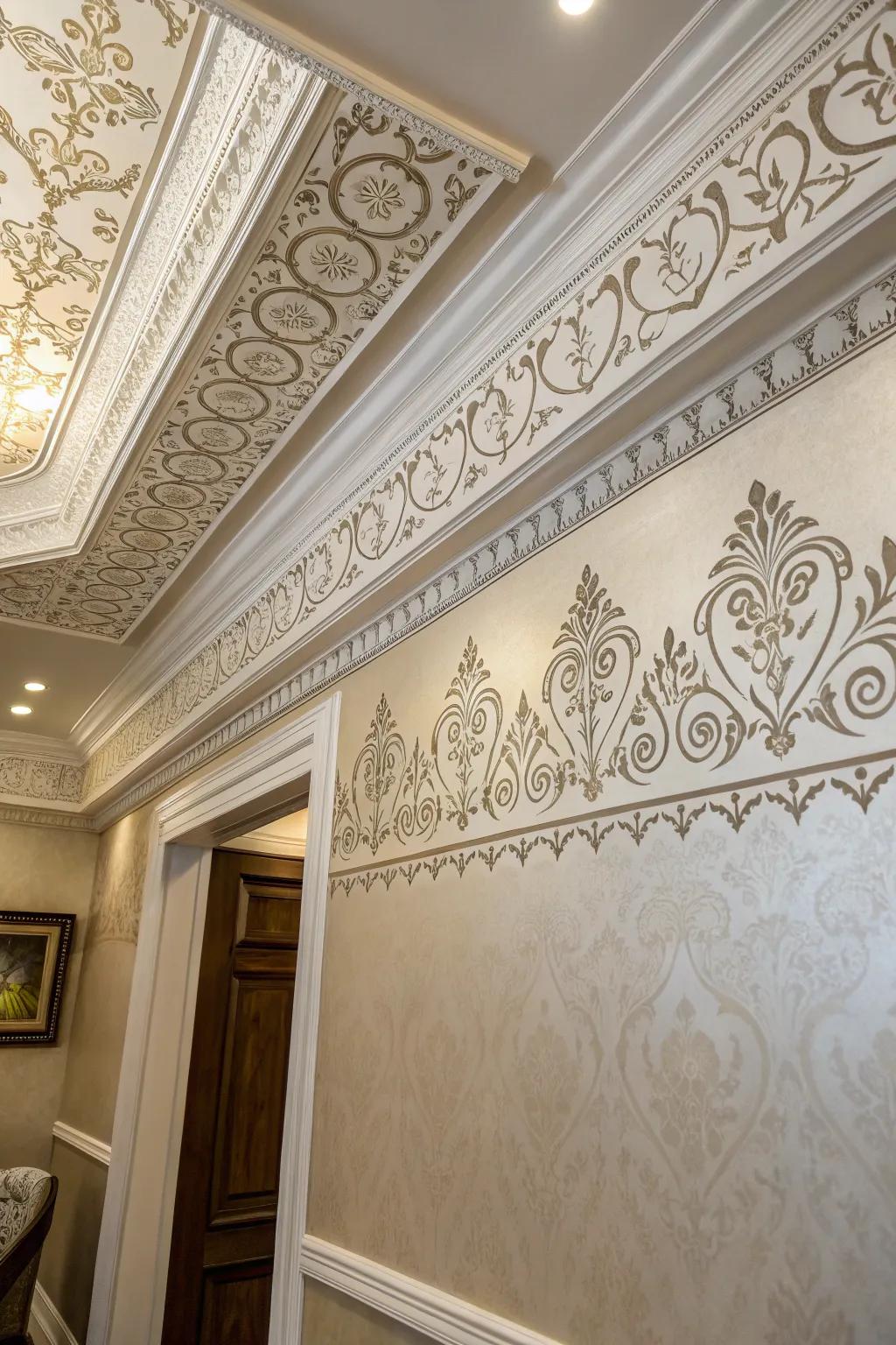 Stencils provide a creative way to replicate the look of crown molding.