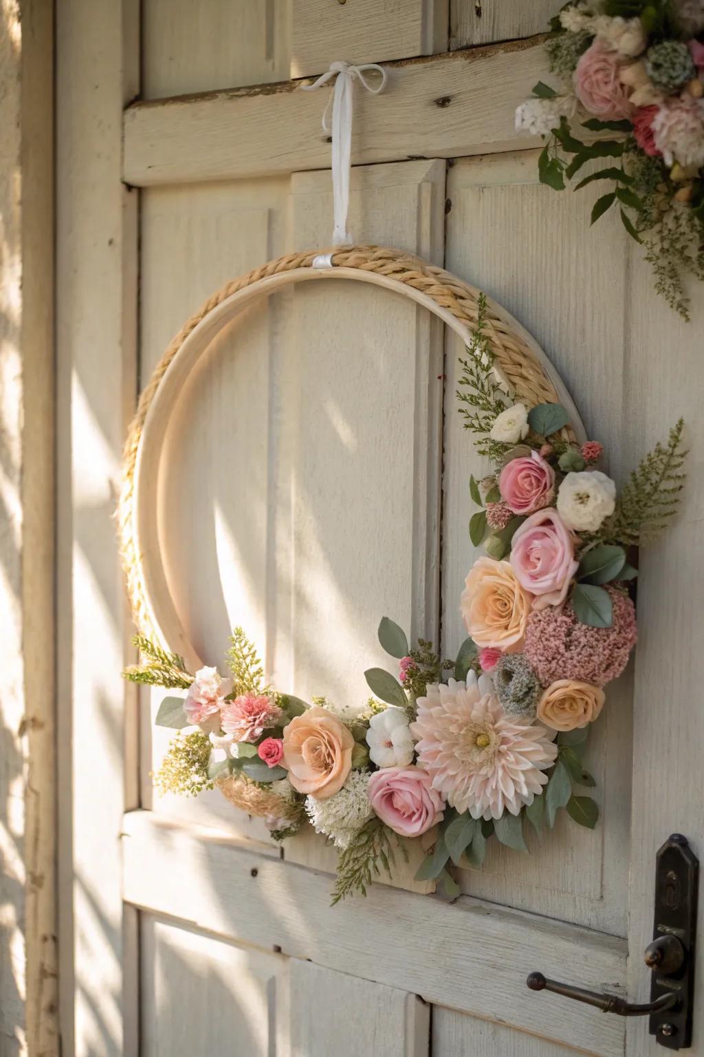 Welcome guests with elegance: A handcrafted floral wreath that adds a serene touch to any entryway.