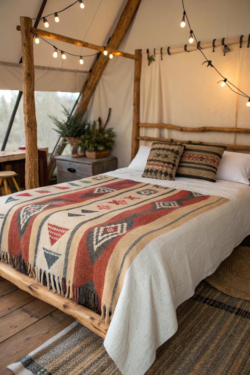 A camp blanket headboard adds rustic charm.